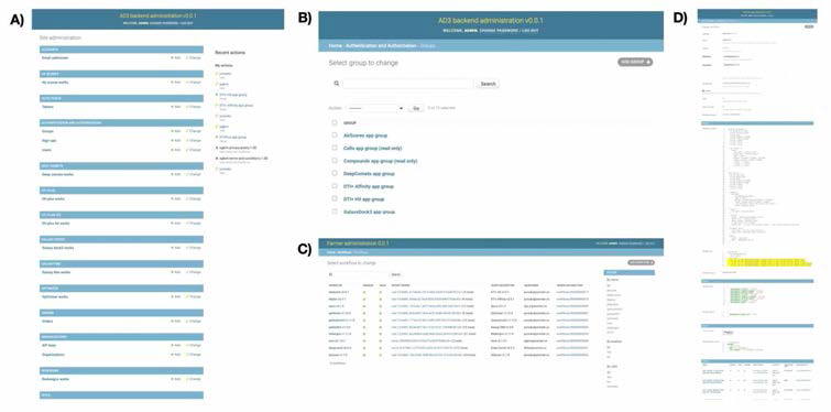 AD3 관리자 환경. A) 앱 관리 환경. B) 앱 권환 설정 화면 . C)워크플로우 관리 화면. C) 워크플로우 세부 설정 및 확인 화면