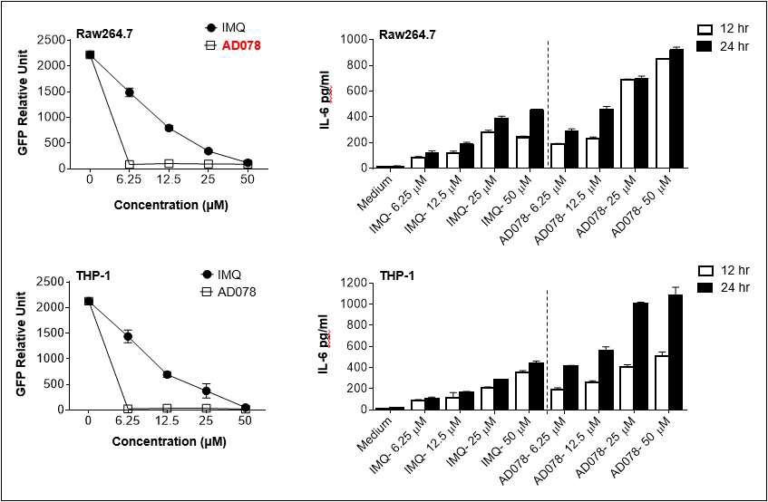 AD078의 자극에 의한 Raw264.7, THP-1 세포에서의 사이토카인 분비유도