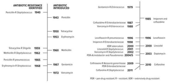 신규 항생제의 출시 및 해당 내성균의 출현 시기 (CV ventola 2015. P&T 40(4))
