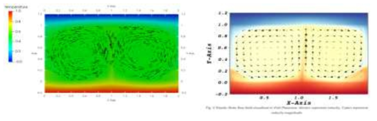 해석 결과(속도 벡터 및 온도 분포) (왼쪽) 계산결과, (오른쪽) NEK5000 보고서