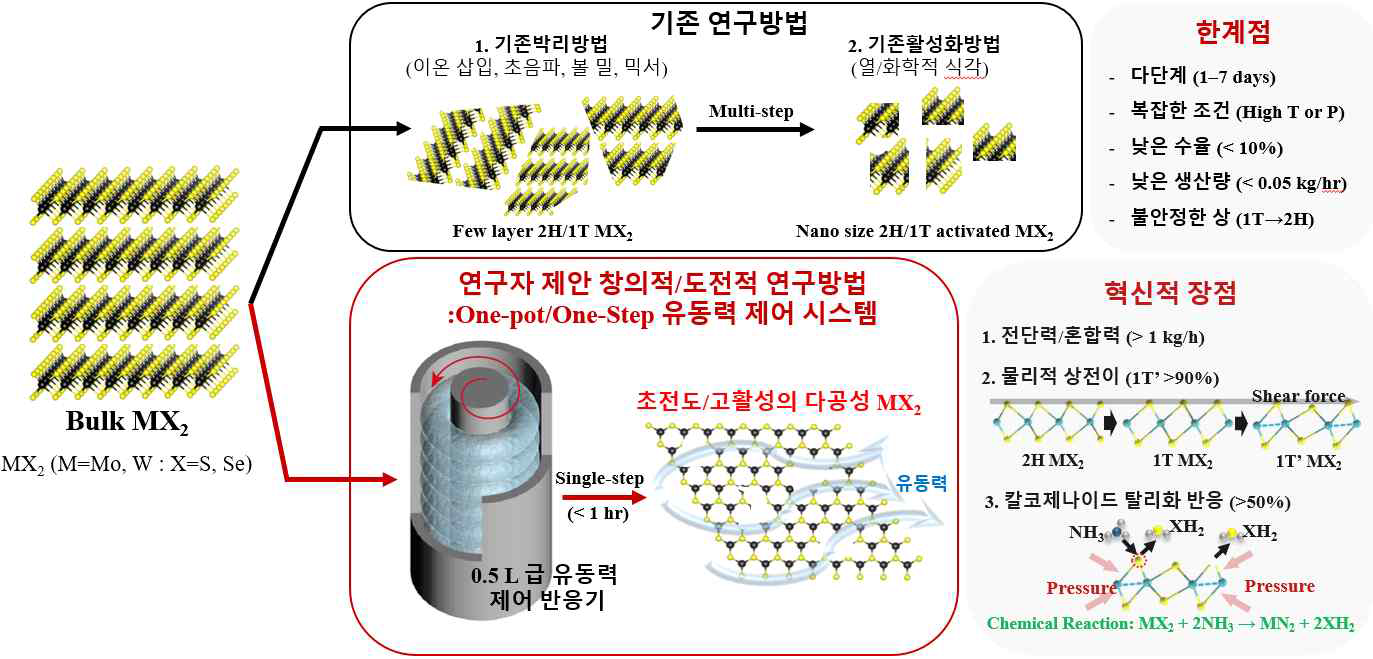 현재 MX2의 박리 및 활성화 방법에 대한 기존연구의 한계점과 창의적/도전적 연구 방향 모식도