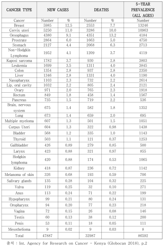 케냐의 주요 암종 암유형 현황 (2018)