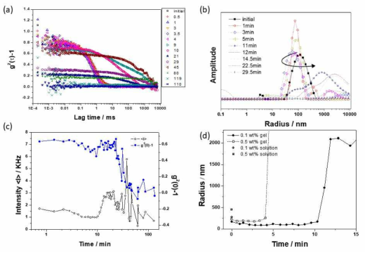 Imogolite-poly(acrylic acid) 하이드로겔의 반응에 따른 실시간 광산란 측정 결과 (a) 산란세기 시간상관함수, (b) 사이즈 분포, (c) 반응 시간에 따른 산란세기 변화 및 coherence parameter 값의 변화, (d) 겔화 단계에 따른 사이즈 변화
