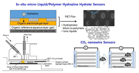 마이크로 액체/젤 계면 기반의 하이드라진 전류법 센서 및 나노와이어 기반의 CO2 저항센서