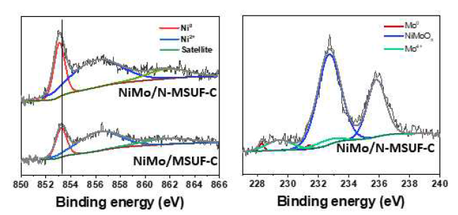 Ni9Mo1/N-doped MSUF-C의 XPS 데이터. Ni 2p (왼쪽), Mo (오른쪽)에 대한 XPS 데이터