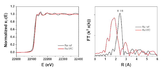 Ru 단일원자/WC1-x 촉매의 XANES (왼쪽), EXAFS (오른쪽) 데이터 결과