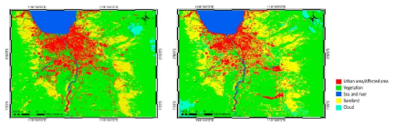 (좌) SVM pre‐earthquake map; and (우) SVM postearthquake map (Syifa et al, 2019)