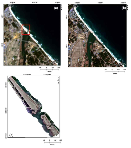 구축된 영상 (a) 2020년 4월 5일에 획득된 Landsat 8, (b) 2020년 1월 3일에 획득된 Sentinel-2, (c) 2020년 7월 3일에 획득된 무인기 영상