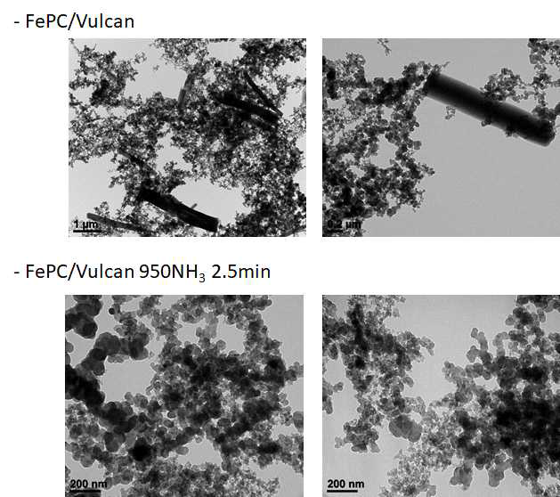 FePc/Vulcan 촉매의 열처리 전과 후의 TEM 이미지