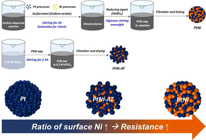 PtNi 및 PtNi-AT 촉매의 합성과정 모식도와 표면 Ni 함량에 따른 양이온 피독 저항성과의 상관관계 모식도