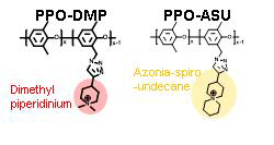 표PPO-DMP (PPO-Dimethyl piperidinium undecane) 와 PPO-ASU (PPO-Azonia spiro undecane)의 화학 구조식