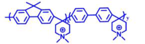 3차년도 FLN계열 전해질 바인더 고분자 PFBP (Poly Fluorene-biphenyl dimethyl piperidinium)의 화학 구조식. 제막 형성과 분자량 향상을 위해 biphenyl group을 도입