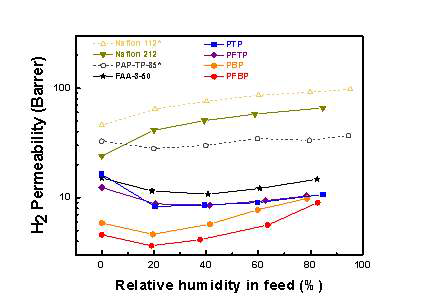 60 ℃, I- form에서 FLN계열 AEP와 상용 AEP의 수소 투과도 비교