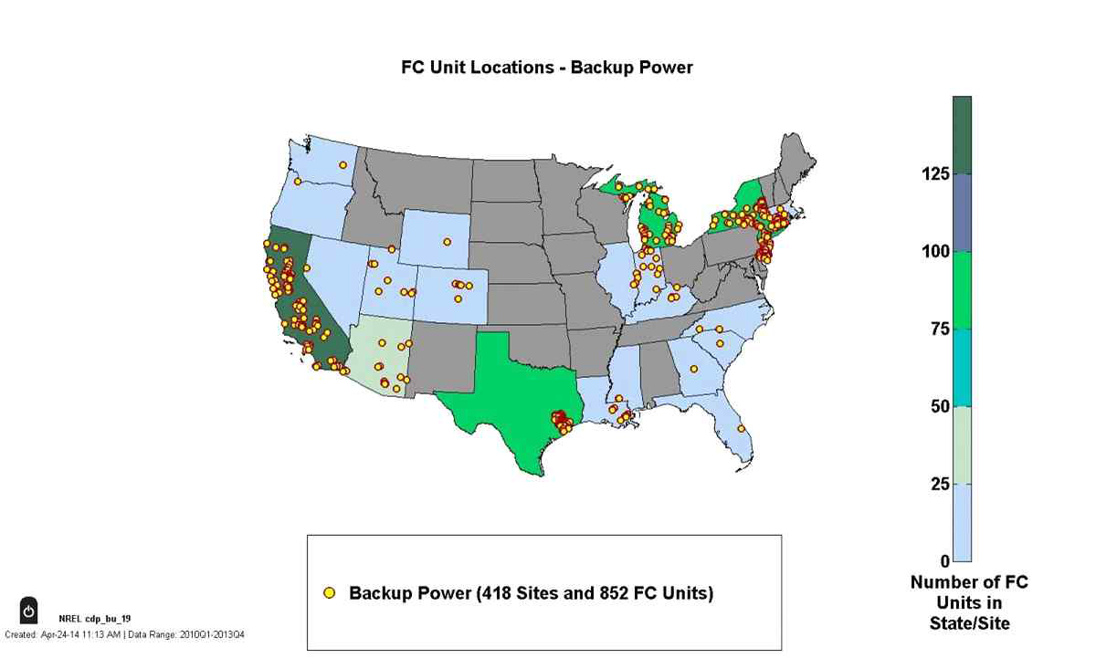 미국에 설치된 백업 전력용 연료전지의 분포