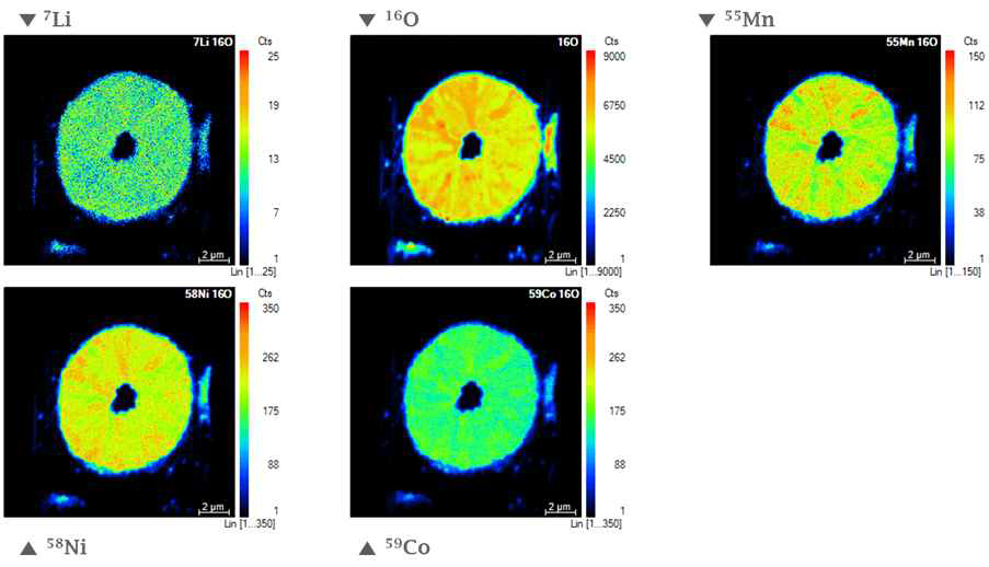 양극활물질(NCM622)에 대한 Nano-SIMS 이미징 분석 결과