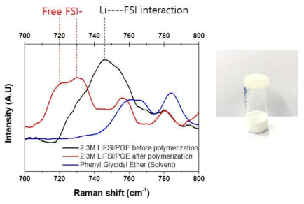 LiFSI-PPGE의 라만 스펙트럼 (FSI 음이온의 거동 변화)