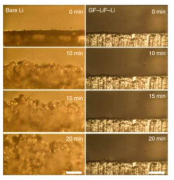 실시간 관찰을 통한 LiF 보호막의 리튬 성장 제어 현상 OM 이미지