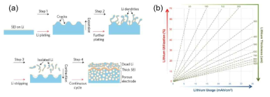 (a) 충방전이 거동되는 동안에 리튬 수지상이 성장되는 모습을 나타낸 모식도 및 (b) 리튬 두께에 따른 리튬 이용량과 이용률을 나타낸 그래프