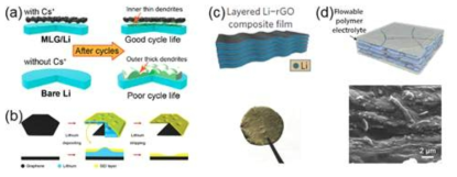 2차원 구조체를 이용한 연구들. (a) 그래핀, (b) 그래핀 drum, (c) rGO+Li 복합체, (d) rGO+Li+PEG 복합체