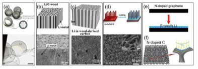 친리튬성 물질을 이용한 연구. (a) 카본 구체+Au 복합체, (b) 탄화시킨 나무+ZnO 복합체, (c) 탄화시킨 나무+MgO 복합체, (d) Cu구조체+CuO 복합체, (e) 질소도핑 그래핀, (f) 질소도핑 3차원 카본구조체