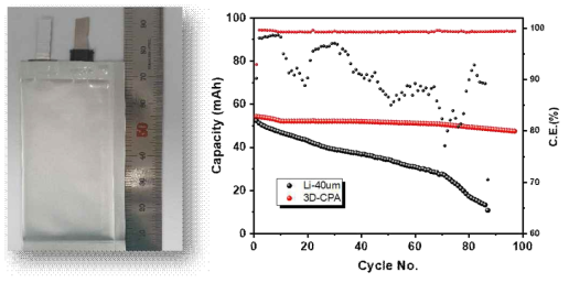 3D-CPA 음극 적용한 50mm x 32mm (극판 기준) 크기의 단판 파우치 셀 및 수명 비교