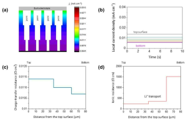 PGF 에서 0.2 mA/cm2 의 전류밀도로 리튬 전착시 (a) 국부 전류밀도 분포도, (b) 전극 위치별 국부 전류밀도 프로파일, (c) 전하전달 저항 분포, (d) 이온 저항 분포