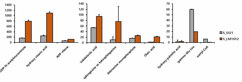 S. thermophilus 세포내 대사물질 비교. 유효균주 LM1012, 비유효균주 St-21