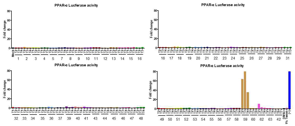 63개 화합물에 대한 PPAR-α/PPRE luciferase assay 결과