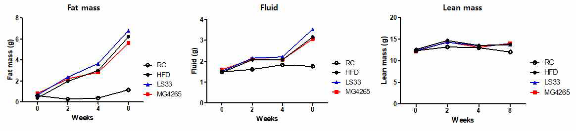 유효균주(L. salivarius 2종) 투여 마우스의 fat mass, fluid, lean mass 변화량