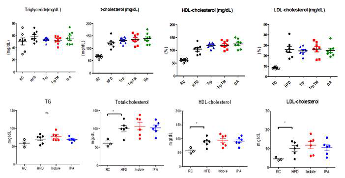 Tryptophan 계열 물질 경구투여 마우스의 혈중 지질변화량