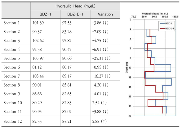 BDZ-1 시추공에서 1.45m 구간의 수리수두 분포