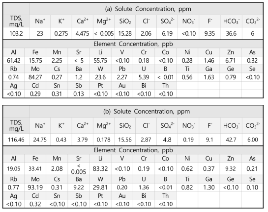 YS03 탐사공에서의 미량 원소 및 이온 분석 표: (a) 2018/05/23, (b) 2018/11/20