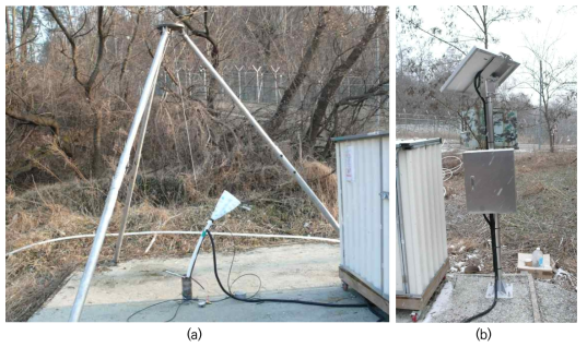 YS03 탐사공의 부식 모듈 설치 후 모습; (a) 패커 시스템 설치 후 모습, and (b) Minisonde 5 수질 측정 시스템의 전력 공급을 위한 태양광 발전 판넬