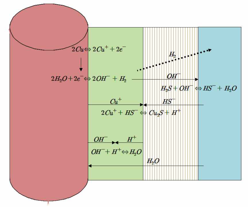 황화수소(HS-)에 의한 구리의 부식 메커니즘 도식: 완충재를 통해 황화수소가 들어오고, Cu2S 부동태막을 통과한 Ca+ 이온이 반응하는 구조