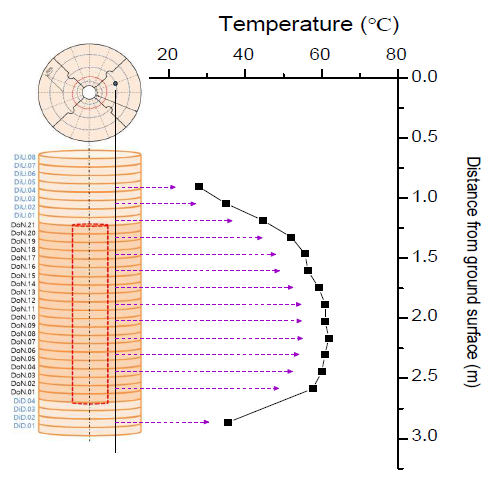 동일 반경위치(R4=0.2 m from the center of heater)에서 축방향의 높이에 따른 온도변이곡선