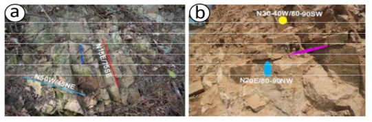 유성지역 암석 내 발달한 절리들의 노두사진. (a) 복운모 화강암 내 두 개의 절리군, (b) 석영 반암 내 세 개의 절리군