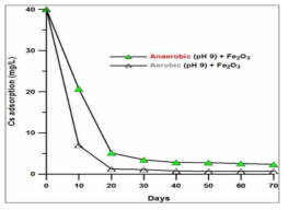 산화 혹은 환원 조건 ‘Fe2O3 + 완충재’에 대한 세슘 수착 곡선