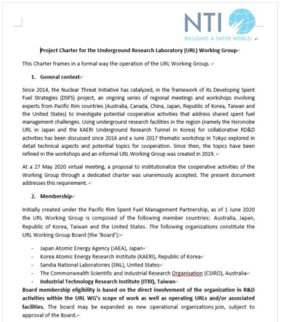 NTI URL Working Group 프로젝트 헌장((Project Charter for the Underground Research Laboratory (URL) Working Group))