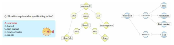 CommonsenseQA 예시 및 AMR 그래프와 ConceptNet 그래프 예시