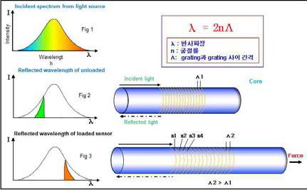 FBG의 변위에 따른 반사파장 변화 개념