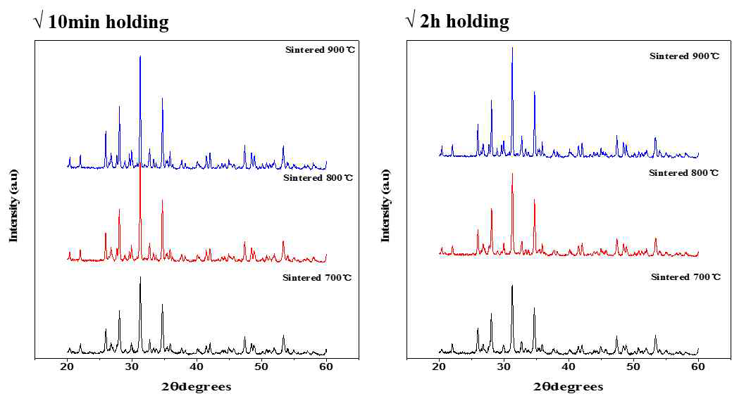 열처리 온도 및 유지시간에 따른 X선 회절 패턴