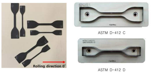 (a) 방향별 인장시편 및 (b) ASTM D-412 C (c) ASTM D-412 D 시편