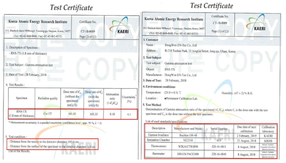 20cm×20cm×0.1cm 크기의 RNS-TX에 대한 감마선 차폐 성능 시험 결과