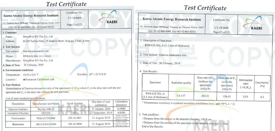 20cm×20cm×0.11cm 크기의 RNS-GX-XG에 대한 감마선 차폐 성능 시험 결과