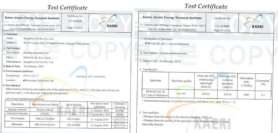 20cm×20cm×0.11cm 크기의 RNS-GX-XF에 대한 감마선 차폐 성능 시험 결과
