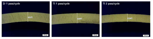 이송 수에 따른 Zircaloy-4와 Ti Grade 2의 단면 두께 변화