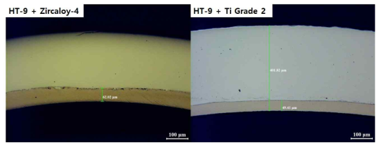 라이너 소재(Zr, Ti)에 따른 클래딩 성형관의 단면