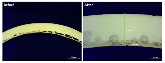 라이너 피복관 필거 공정 최적화 전·후의 단면 형상 변화