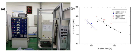 (a) 6채널 크리프-파단 시험 기기 (b) 650 °C와 680 °C에서 코팅 피복관과 참조 피복관의 크리프-파단 시험결과 비교