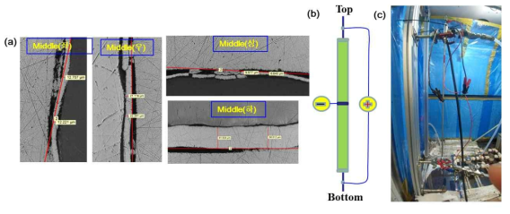 (a) 미터급 피복관 내면 도금에서 관찰되는 도금 층 박리현상, (b) 도금층의 박리현상 감소와 균일성 향상을 위한 극성 연결 방법의 모식도, (c) 피복관 사진